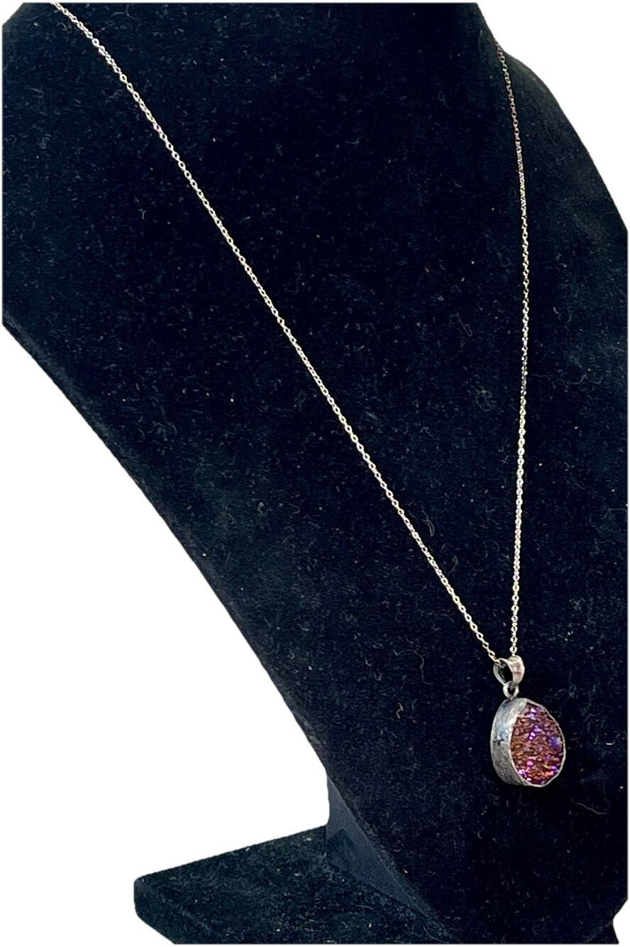 Natural Rainbow Titanium Aura Druzy Quartz Pendant Necklace Sterling Silver 925